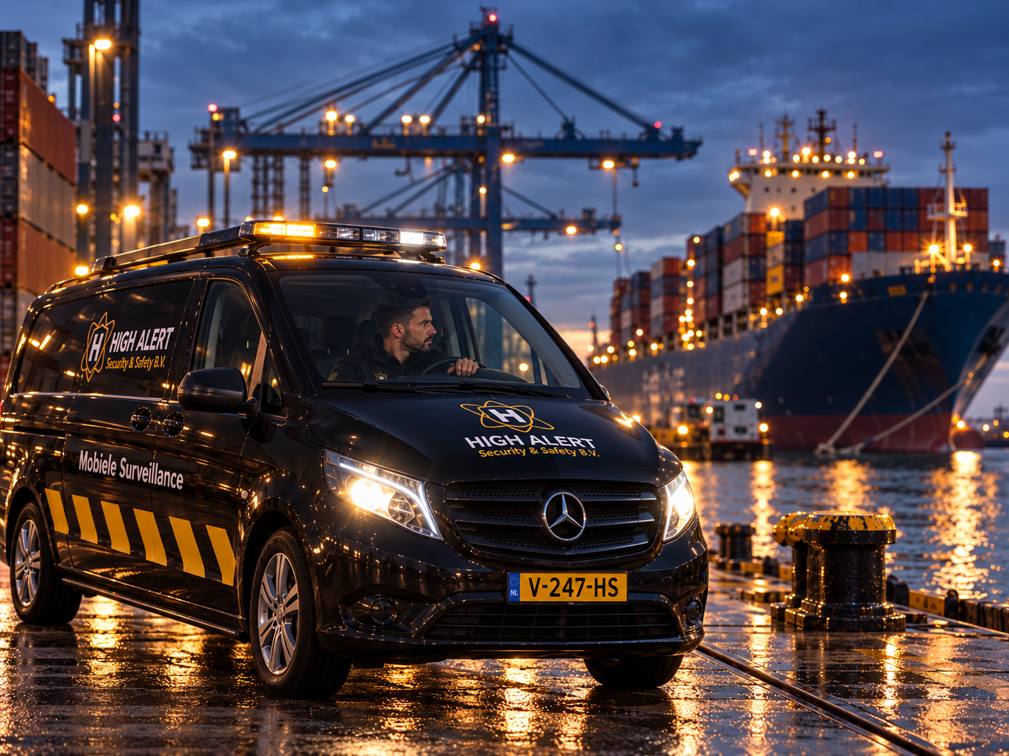 Beveiligingsbus bij de nachtelijke haven High Alert security & safety B.V. Beveiliging vanuit ervaring